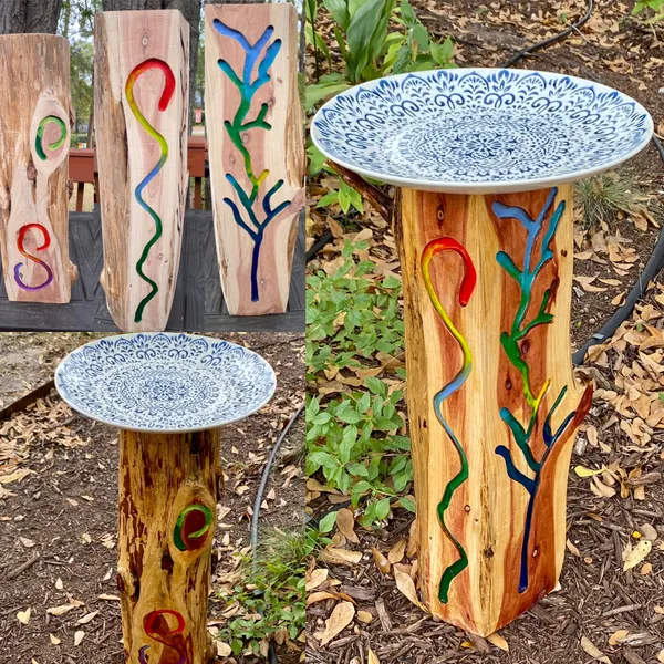 Carved Wooden Bird Baths